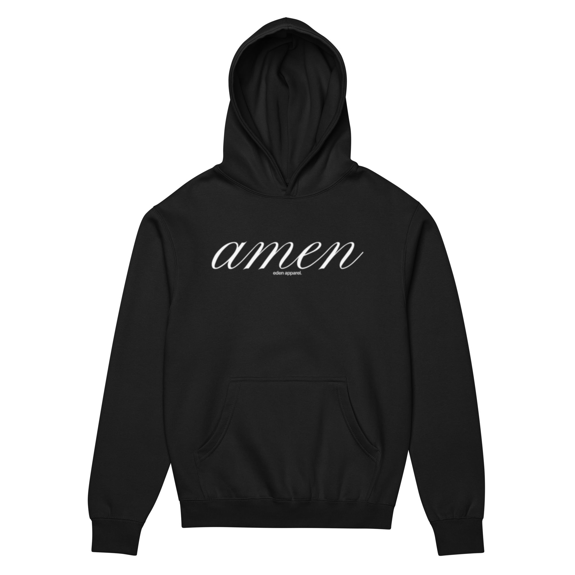 Black hoodie with 'amen' text on a white background