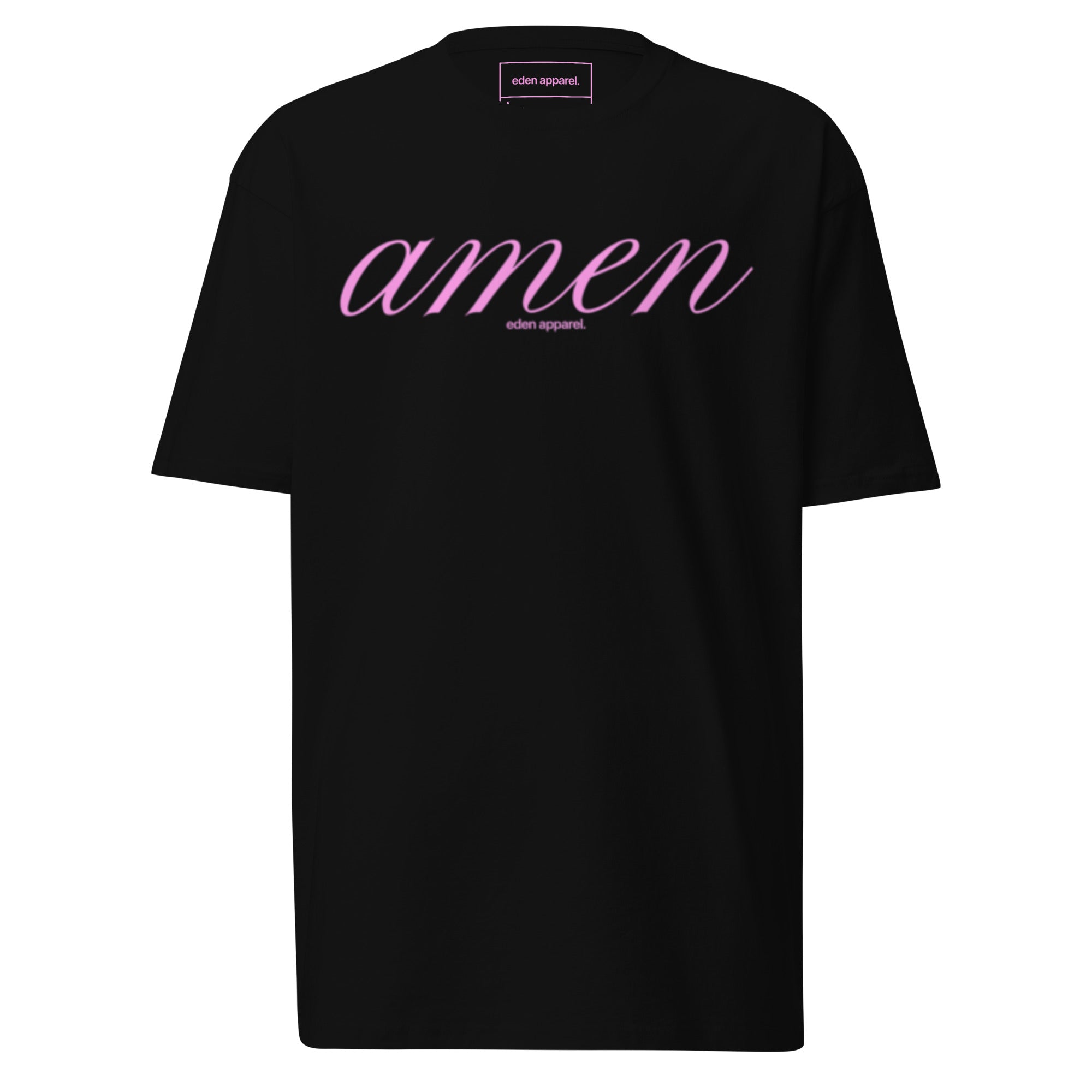 Black t-shirt with pink 'amen' text on a white background