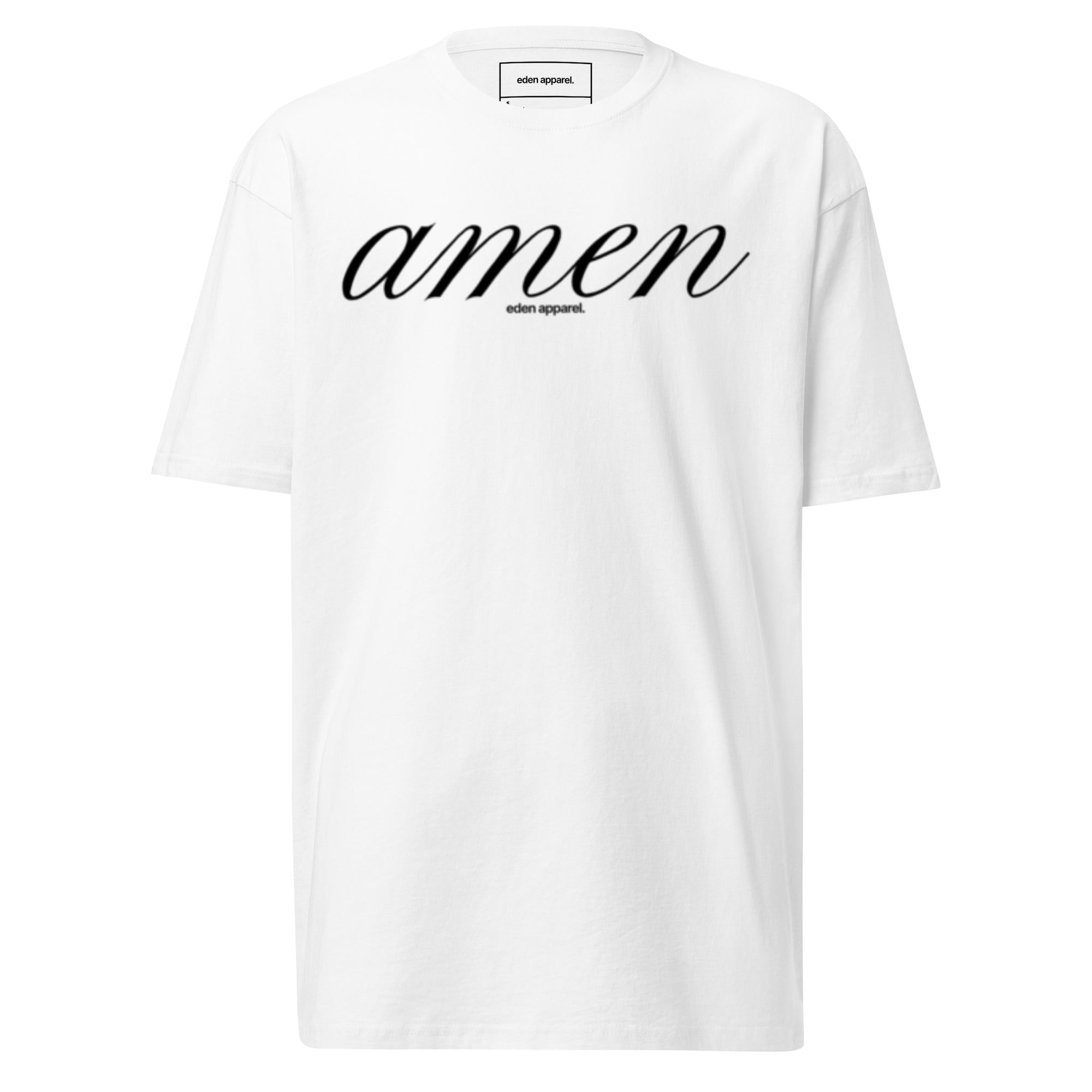 White t-shirt with black 'amen' text on a white background
