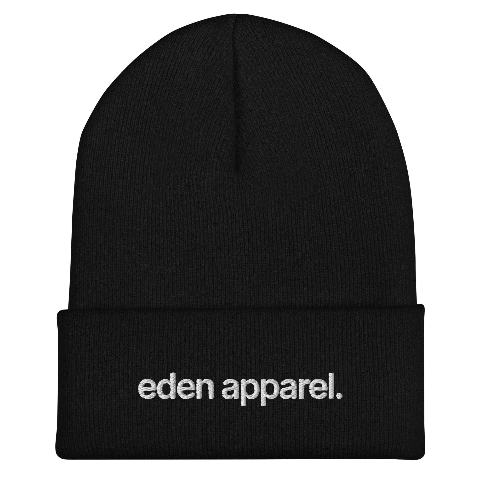 Black beanie with 'eden apparel' logo on a white background