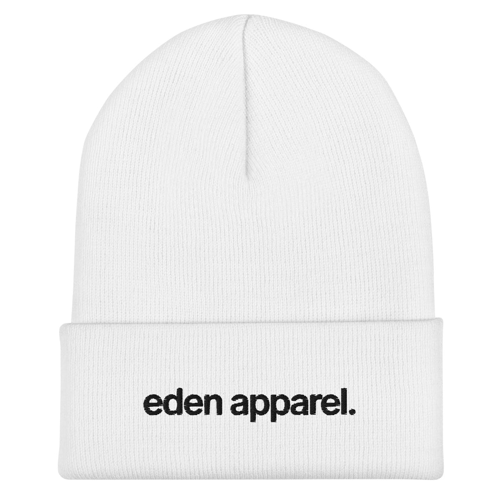 White beanie with 'eden apparel' logo on a white background