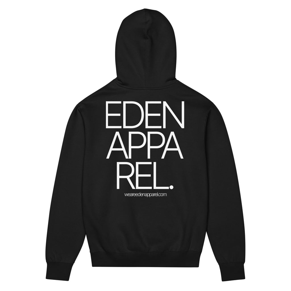 Black hoodie with white 'Eden Apparel' text on the back against a white background