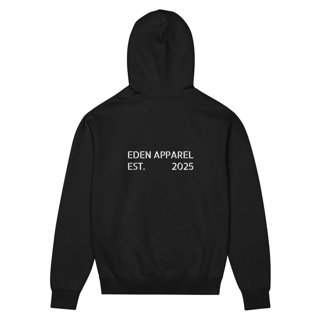 Black hoodie with 'EDEN APPAREL EST. 2025' text on the back against a white background
