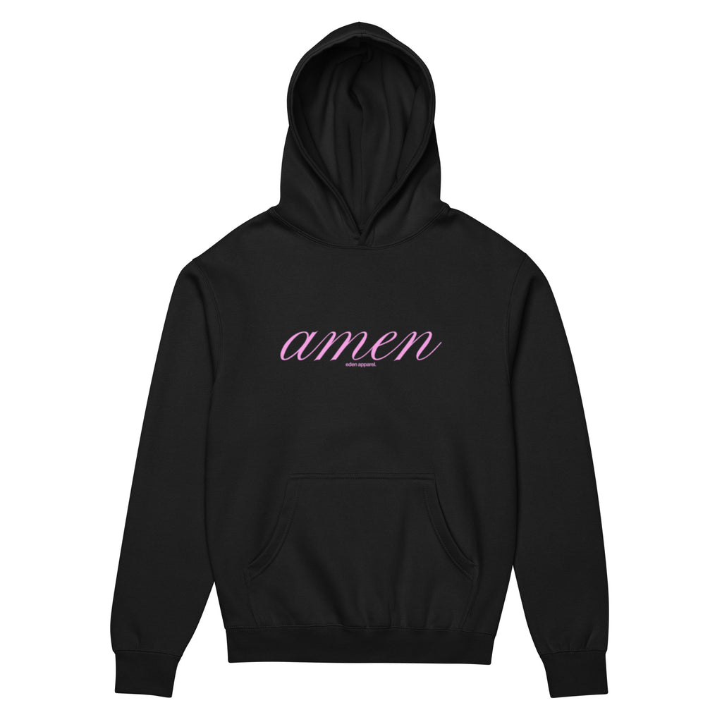 Black hoodie with 'amen' text in pink on a white background