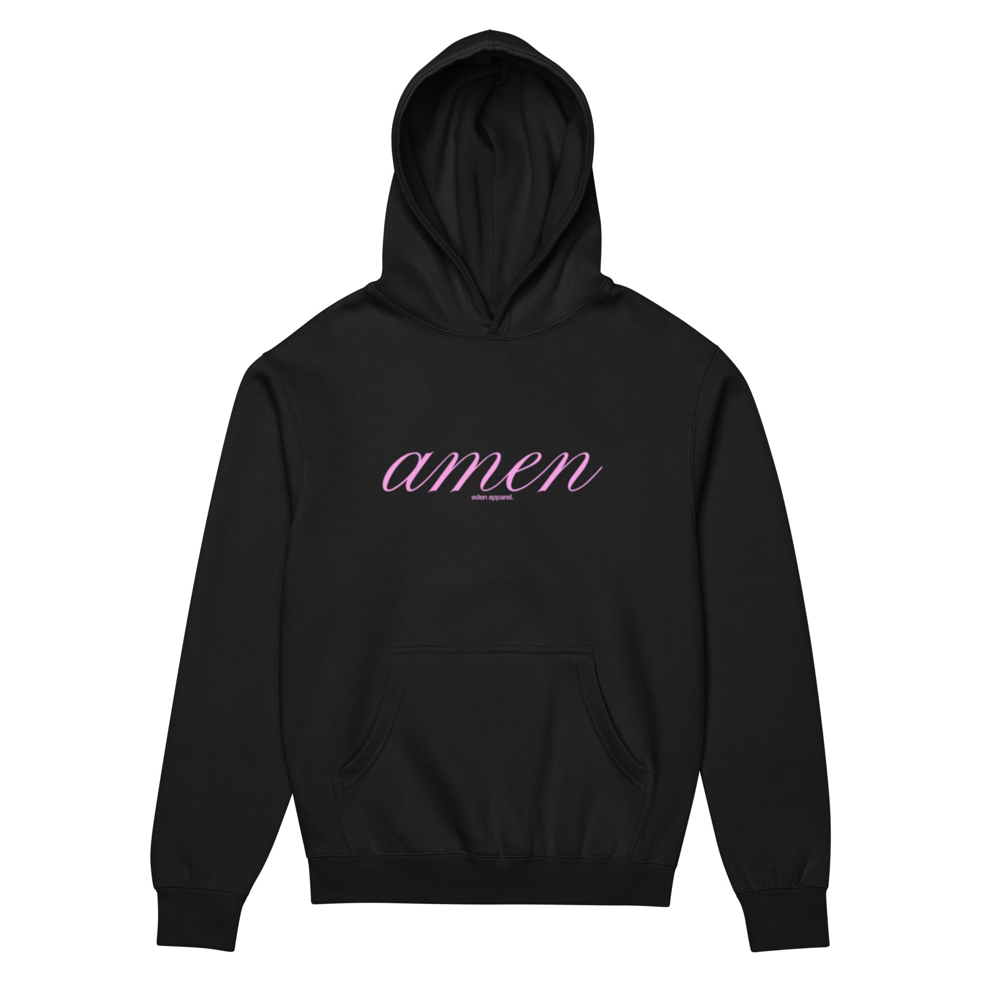 Black hoodie with 'amen' text in pink on a white background