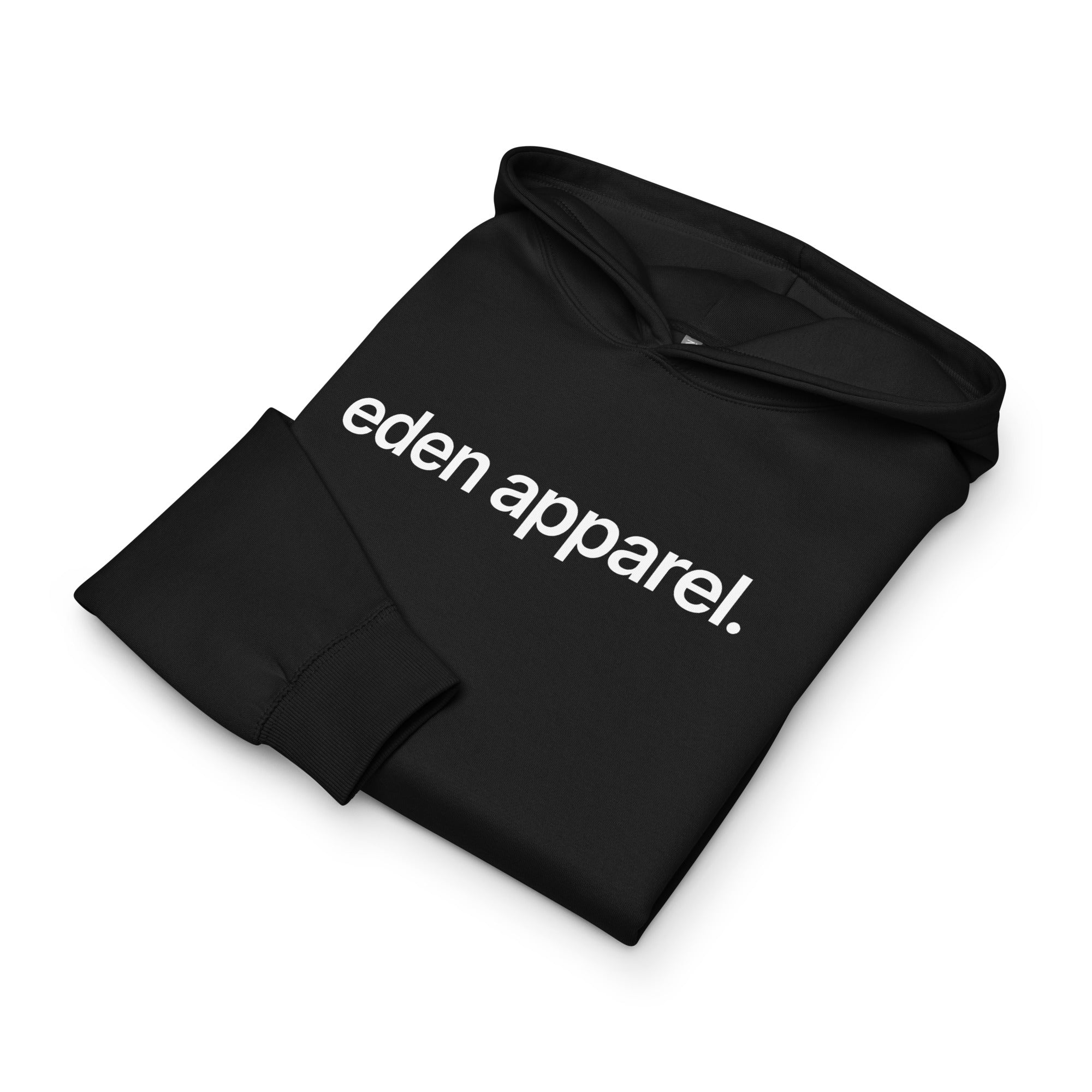 Black hoodie with white 'eden apparel' text on a white background