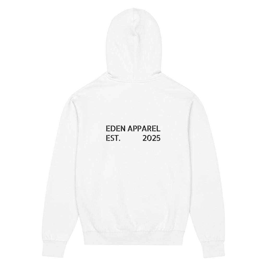 Back of white hoodie with 'EDEN APPAREL EST. 2025' text on a white background