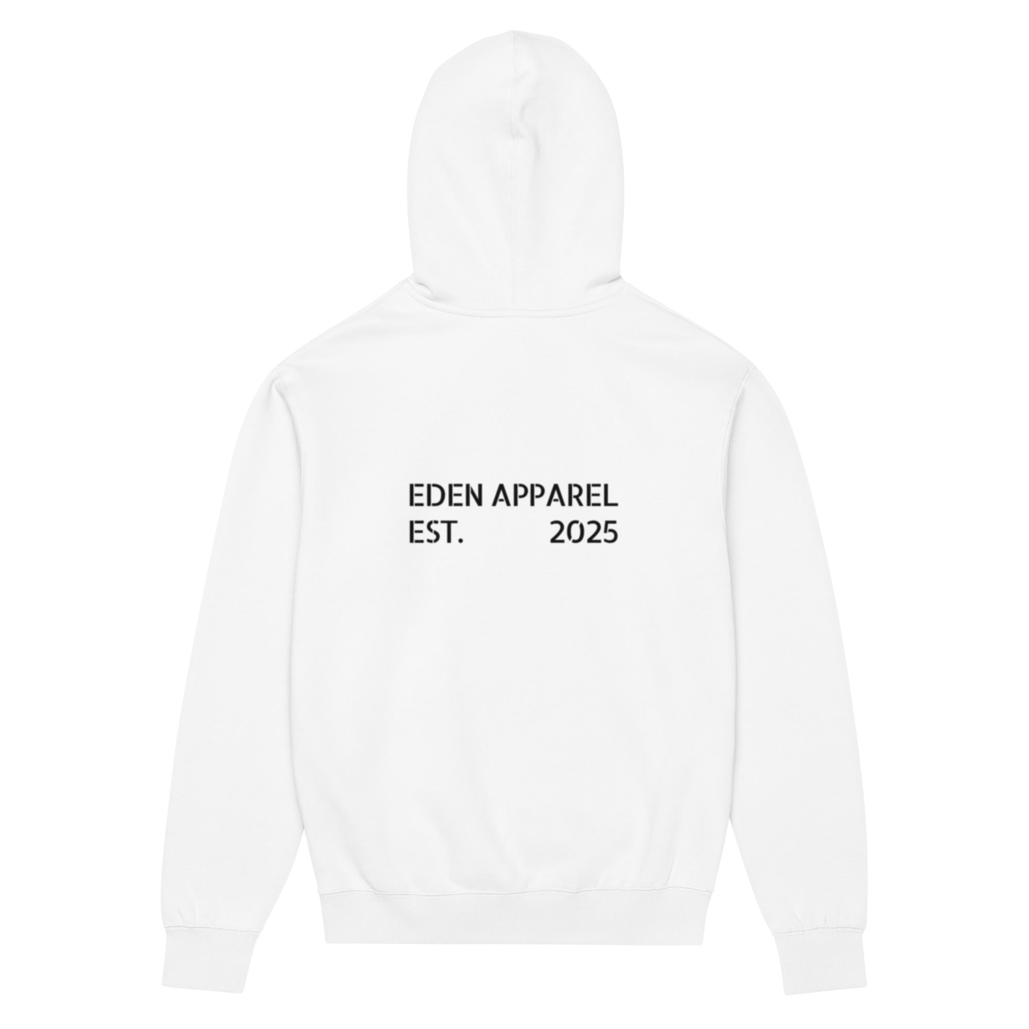 Back of white hoodie with 'EDEN APPAREL EST. 2025' text on a white background