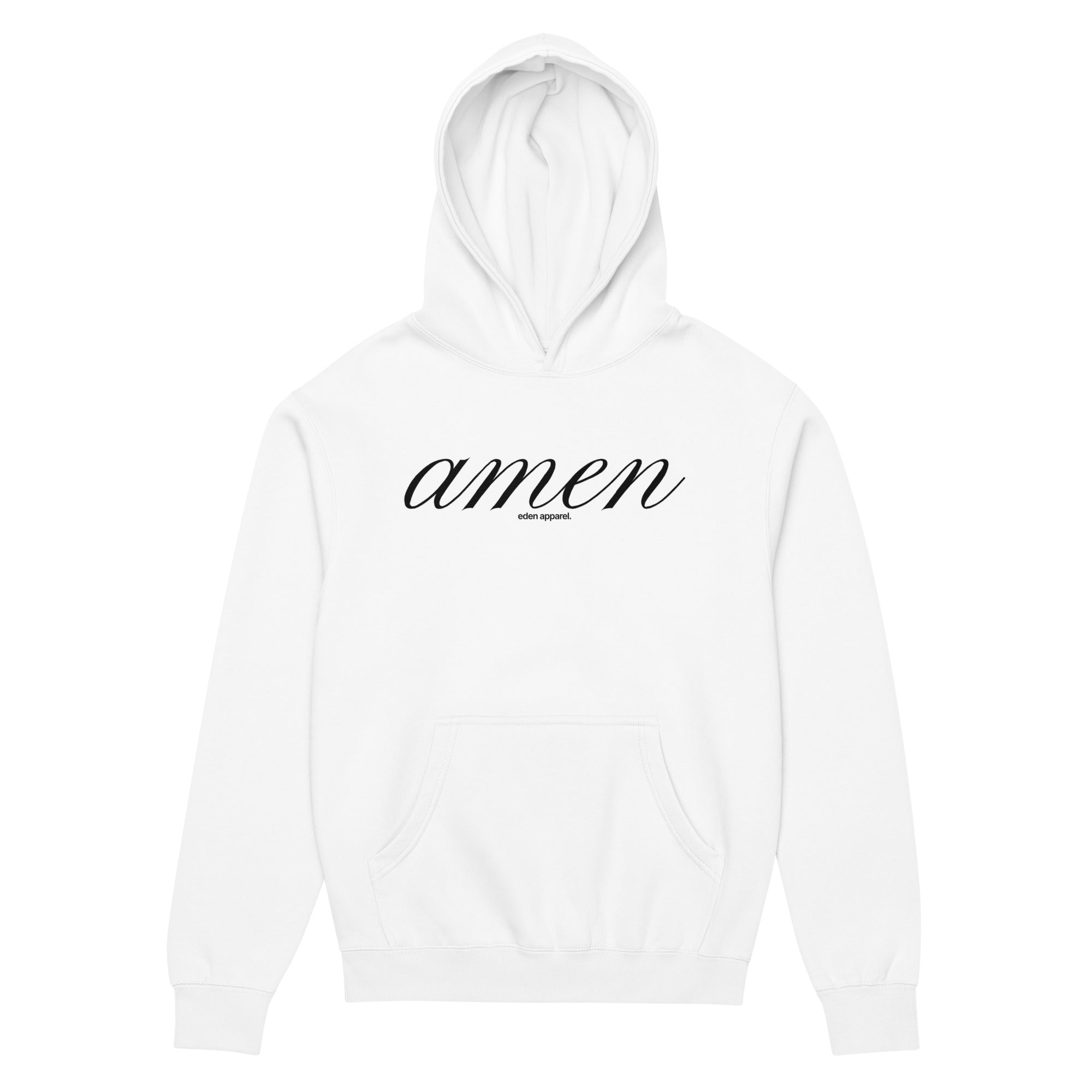 White hoodie with black 'amen' text on a white background