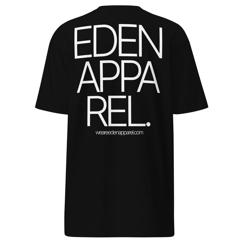 Black t-shirt with white 'EDEN APPAREL' text on the back against a white background
