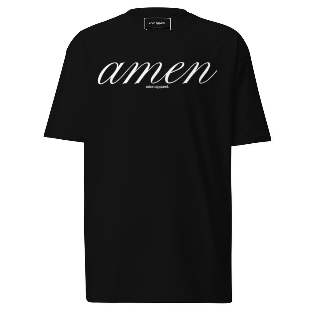 Black t-shirt with 'amen' text on a white background