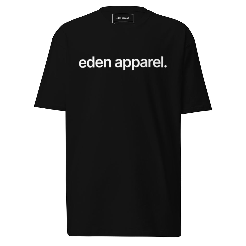 Black t-shirt with white 'eden apparel' text on a white background