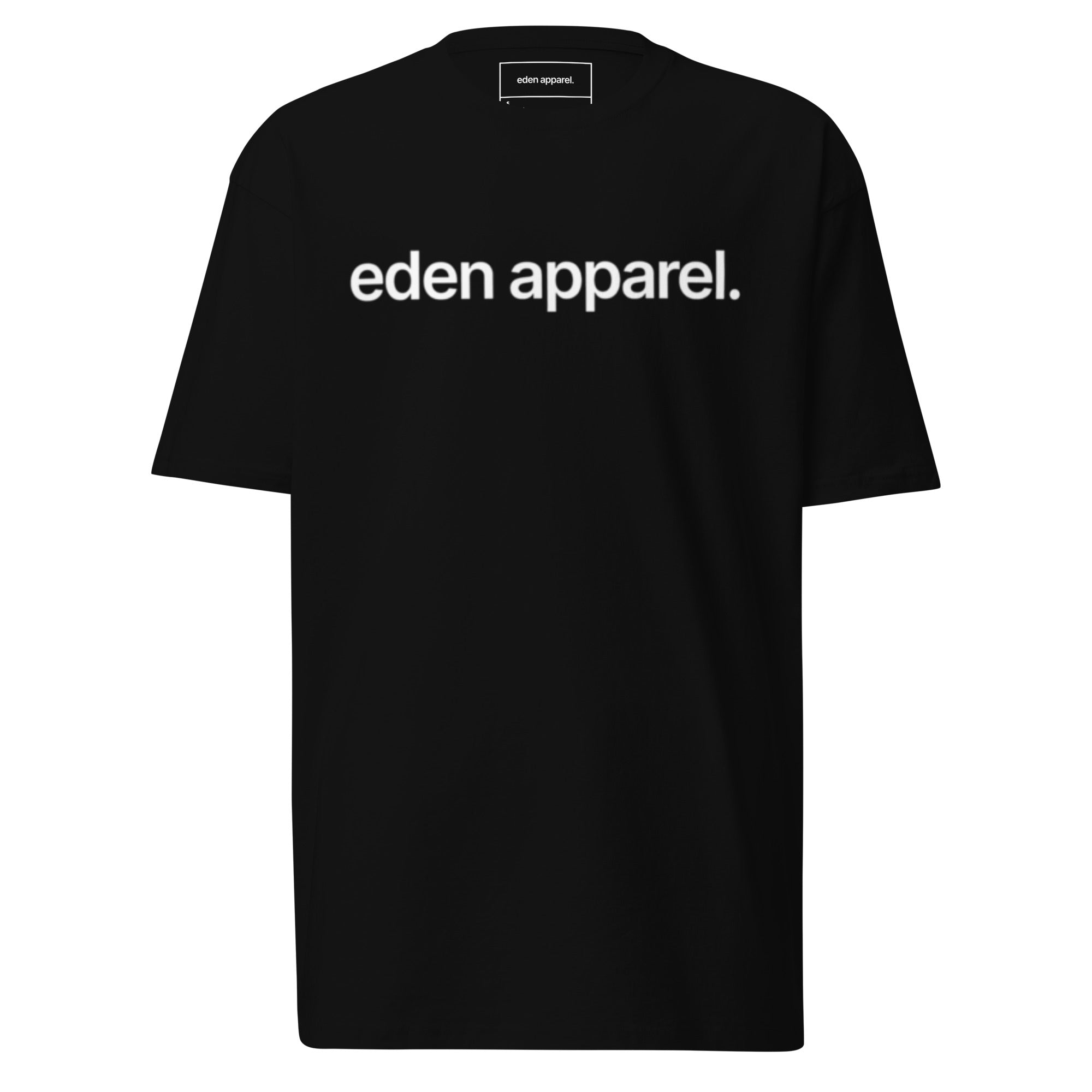Black t-shirt with white 'eden apparel' text on a white background