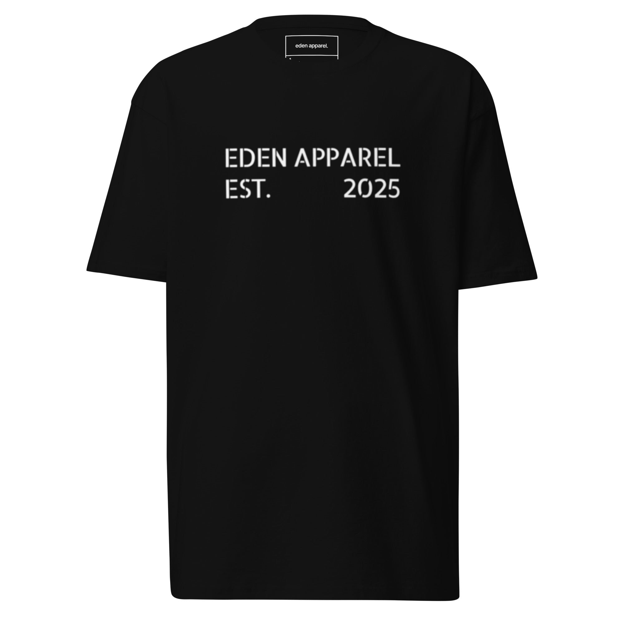 Black t-shirt with 'EDEN APPAREL EST. 2025' text on a white background